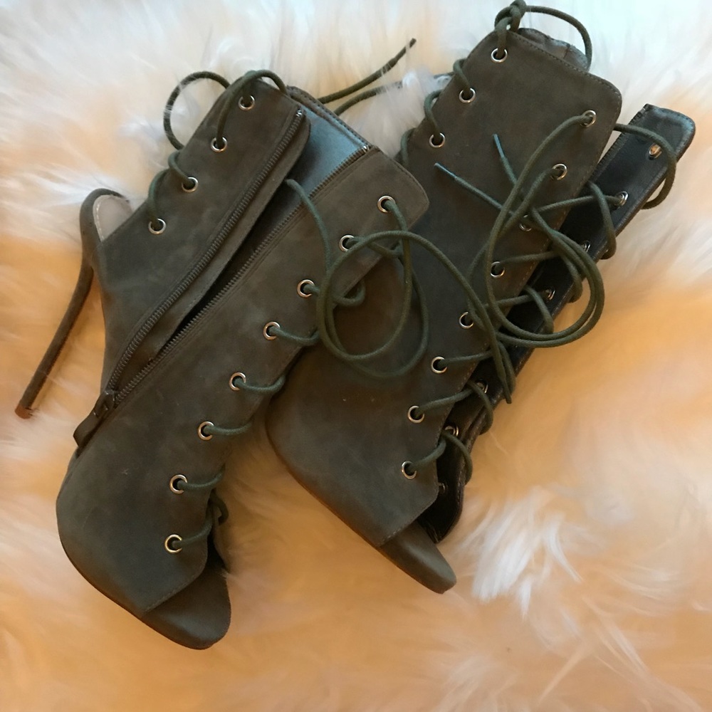 Suede open toed lace up boot heels